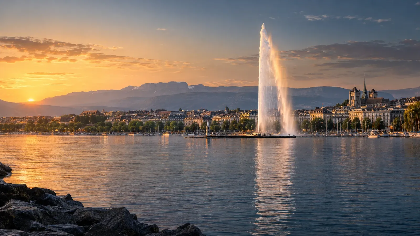 Jet d'Eau on Lake Geneva at sunset