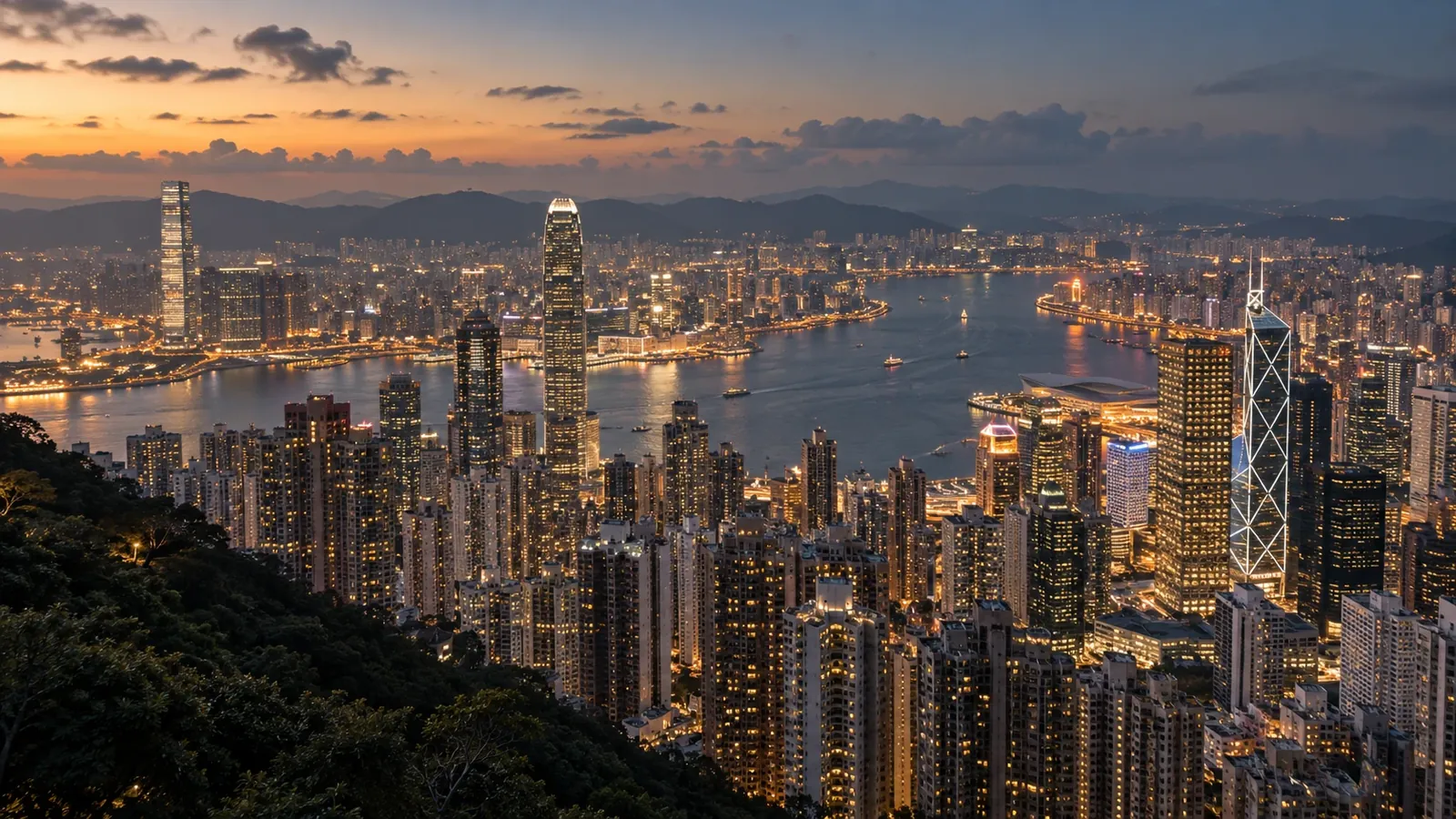 Victoria Harbour seen from the Peak at dusk