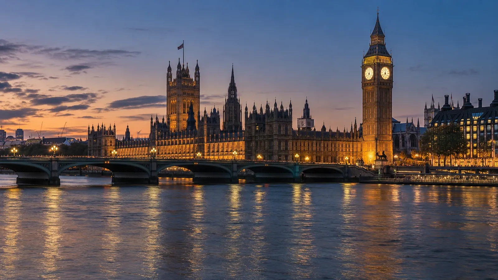 Houses of Parliament and Big Ben across the Thames at dusk