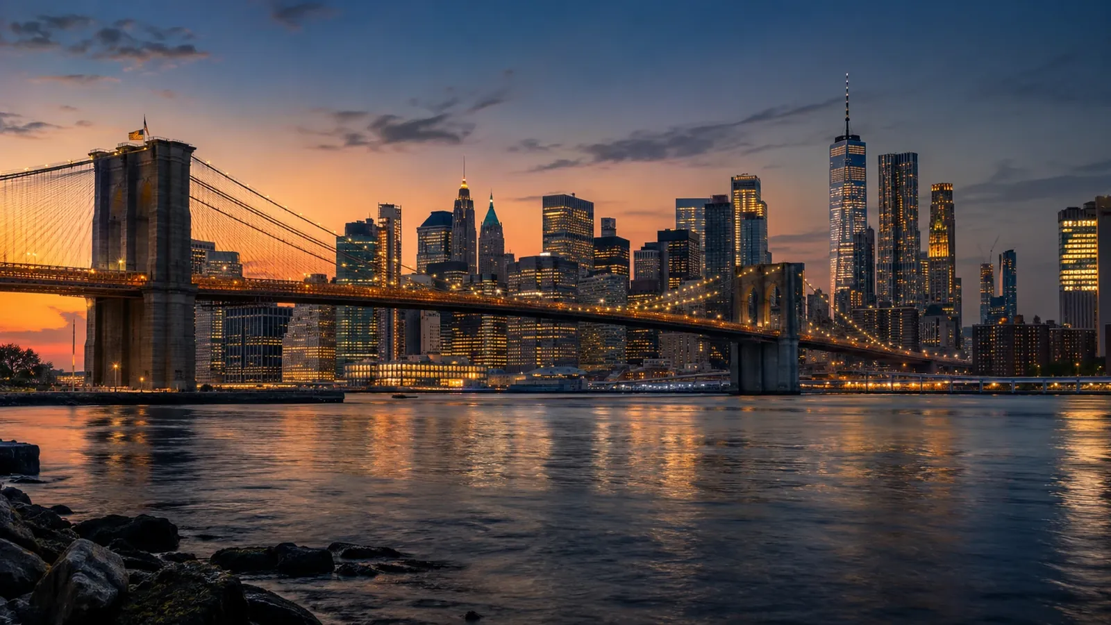 Brooklyn Bridge and Lower Manhattan at dusk