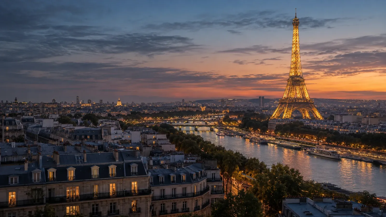 Eiffel Tower and the Seine over Paris rooftops at dusk