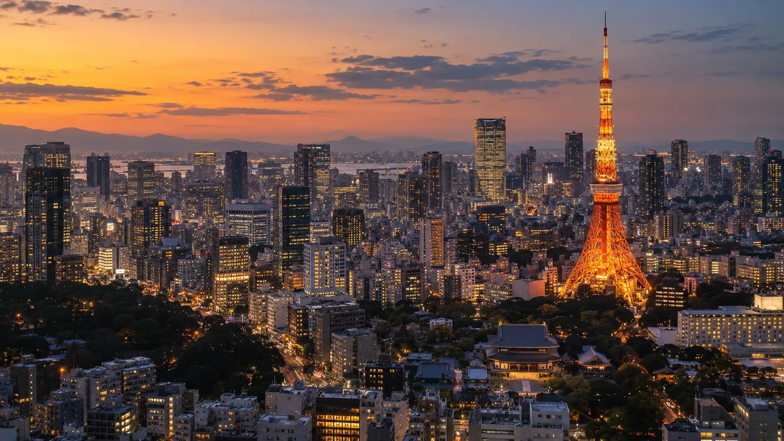 Tokyo Tower and the city skyline at sunset