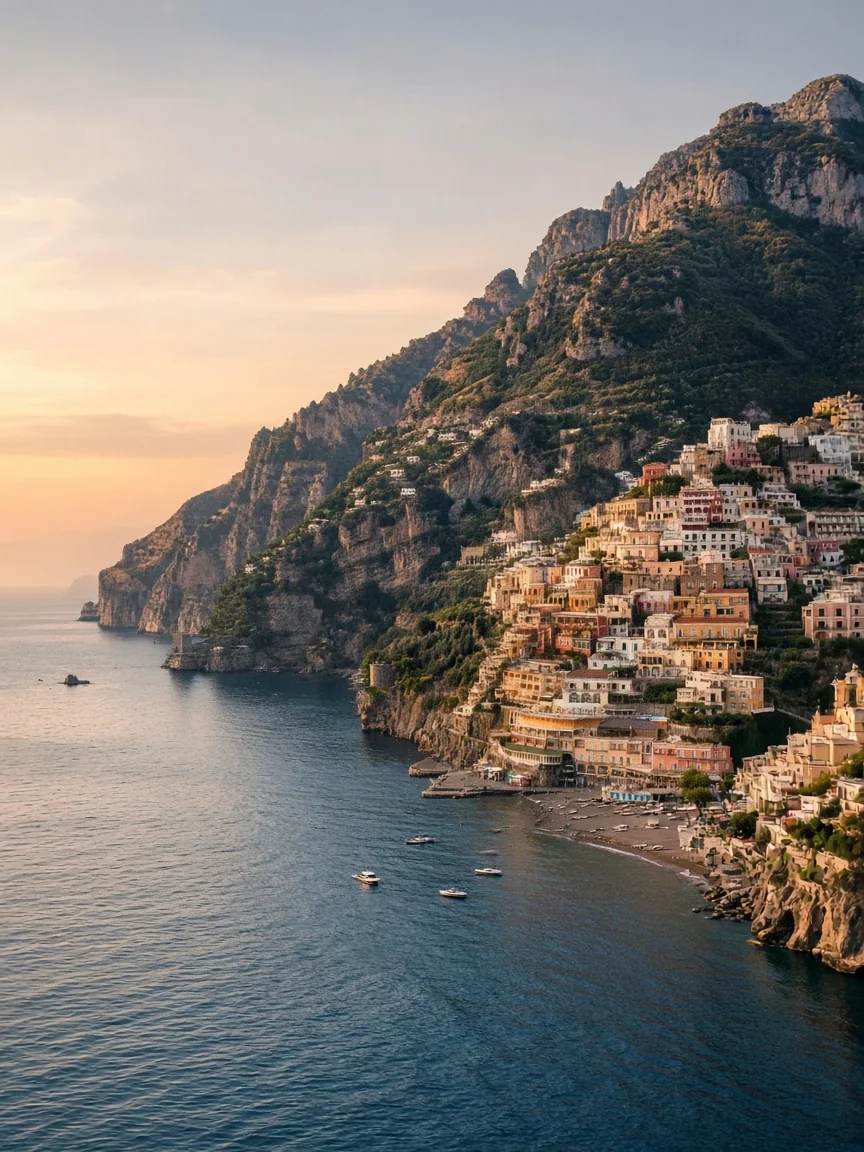 Cliffside village on the Amalfi coast at golden hour