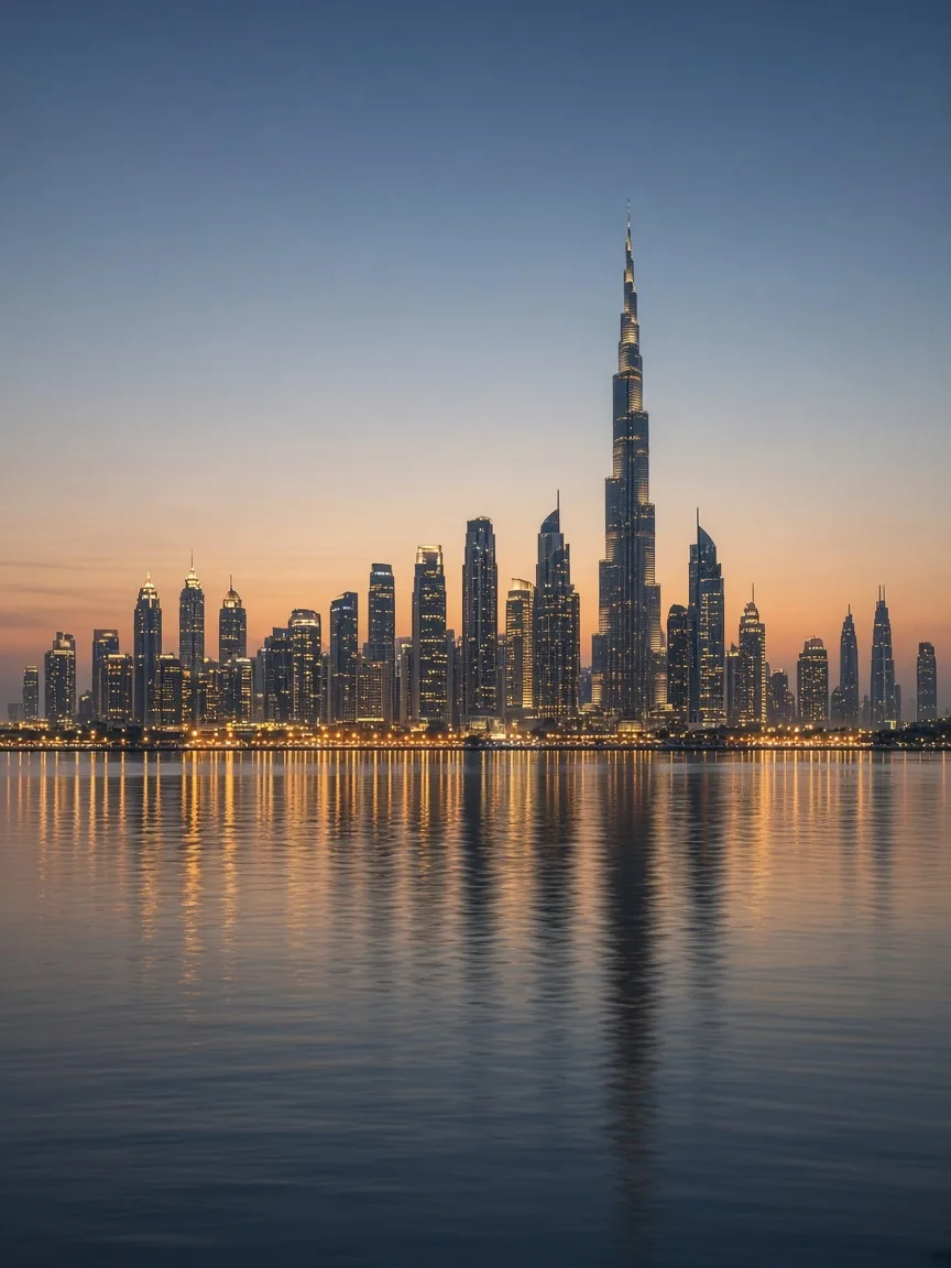 Dubai skyline at blue hour reflected in calm water