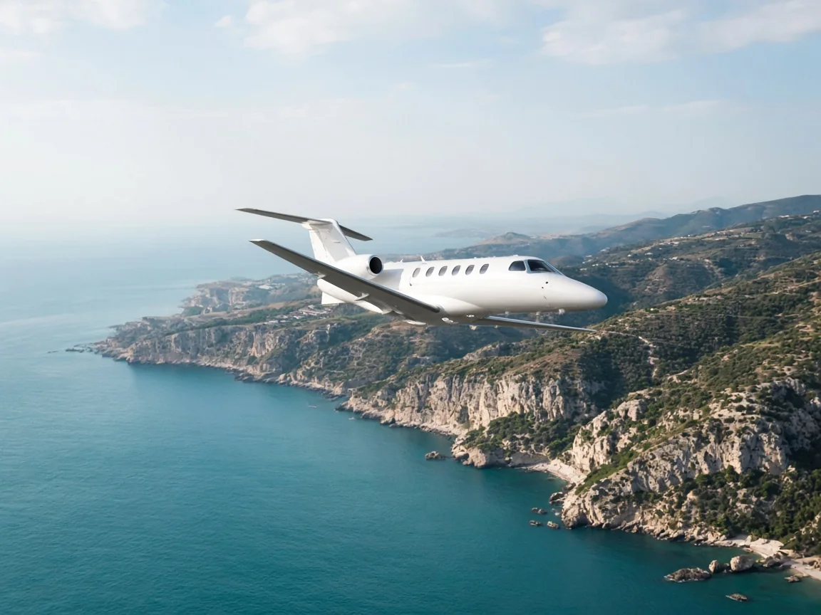Light business jet flying over a Mediterranean coastline